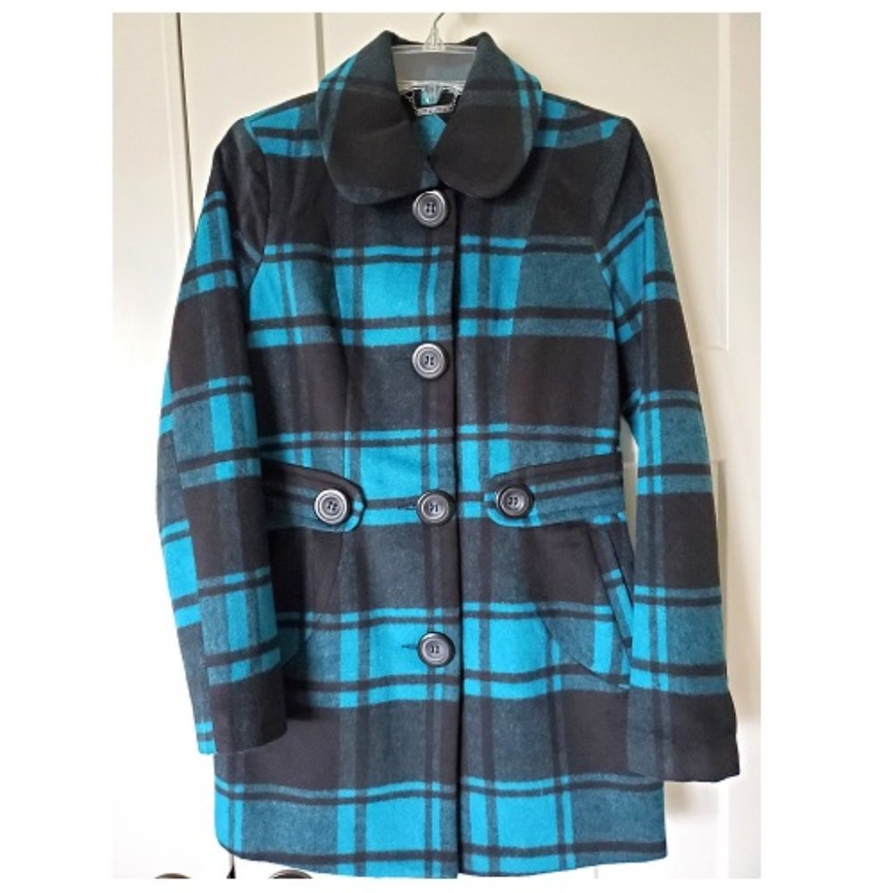 Jou Jou Women’s Plaid Pea Coat Wool Blend Button Front Jacket